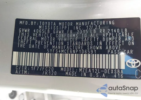 2022 Toyota Corolla Se z USA, uszkodzony, nr VIN 5YFS4MCE6NP106591